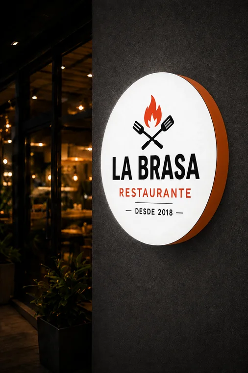 Rótulo luminoso redondo encendido de noche - letrero LED para negocios y restaurantes